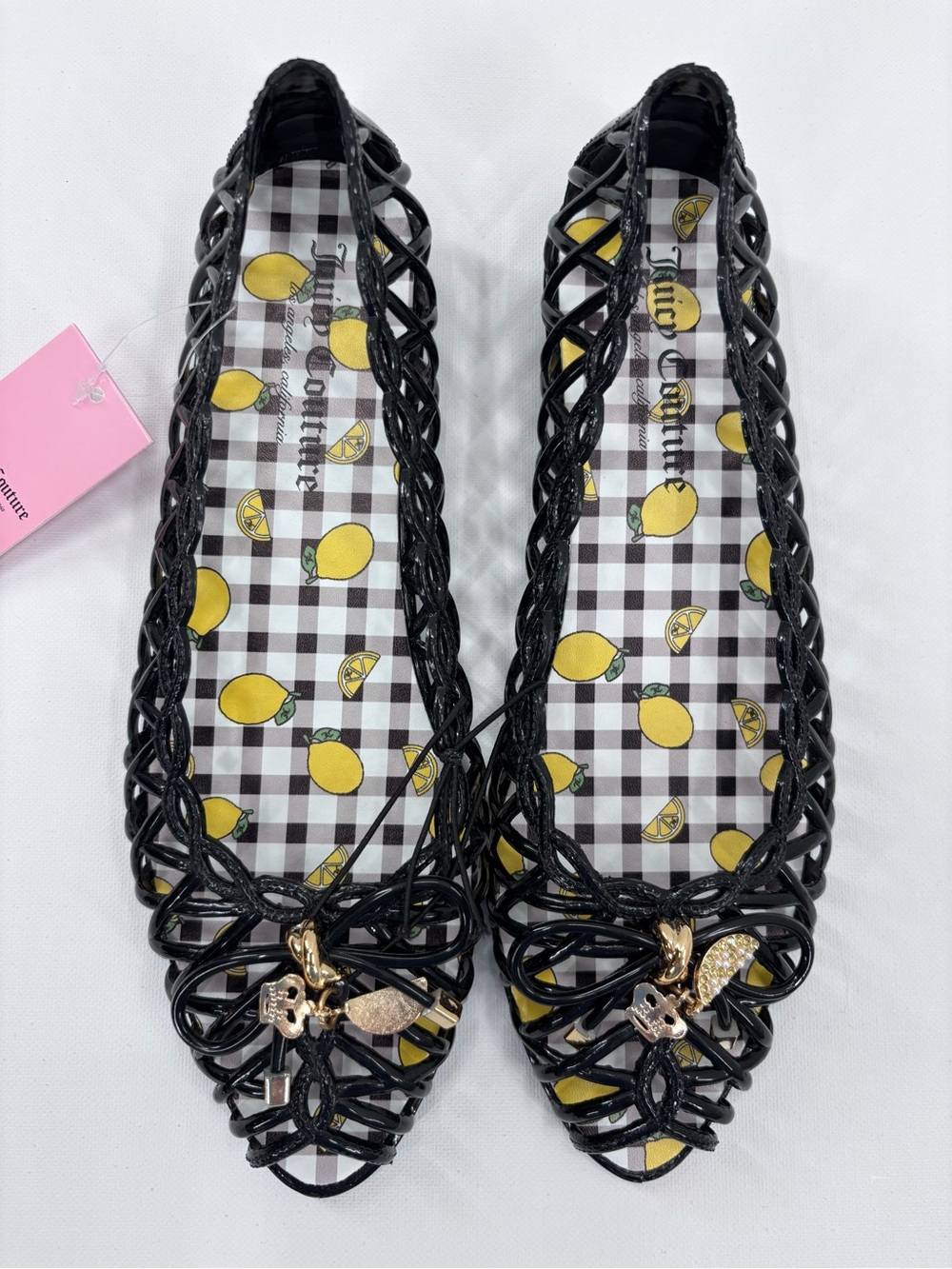 Juicy Couture NWT JC-Dorit Black Caged Lattice Jelly Ballet Flats with Charms, 8
